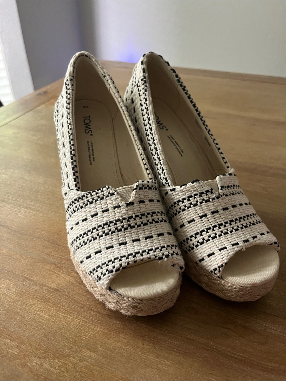 TOMS Cream & Black Woven Peep-Toe Espadrille Wedges